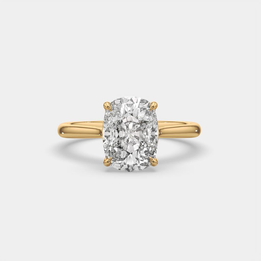 3.00 Ct D VS1 Cushion Solitaire Lab Grown Diamond Ring, in yellow gold, front view