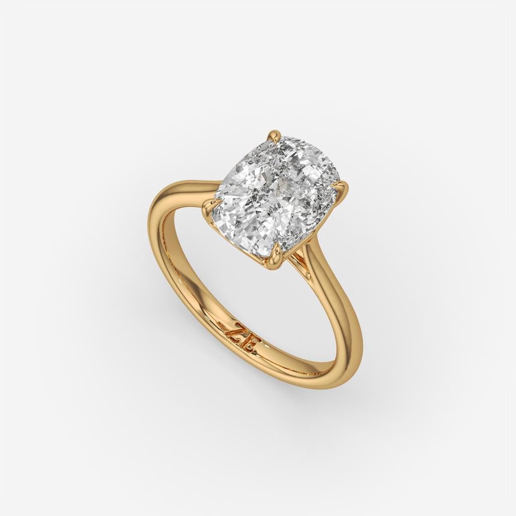 3.00 Ct D VS1 Cushion Solitaire Lab Grown Diamond Ring, in yellow gold, front view