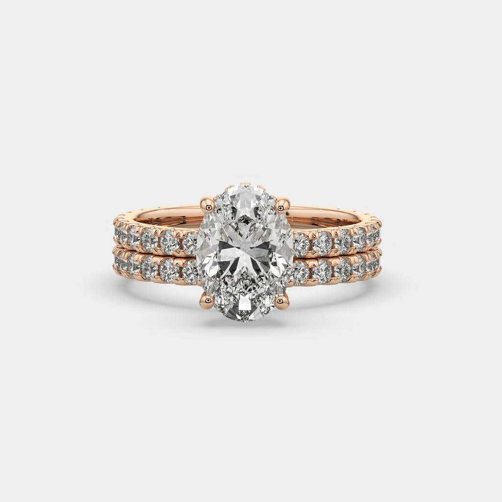 3.00 Ct D VS1 Oval Lab-Grown Diamond Engagement Ring with Matching Band, in rose gold, front view