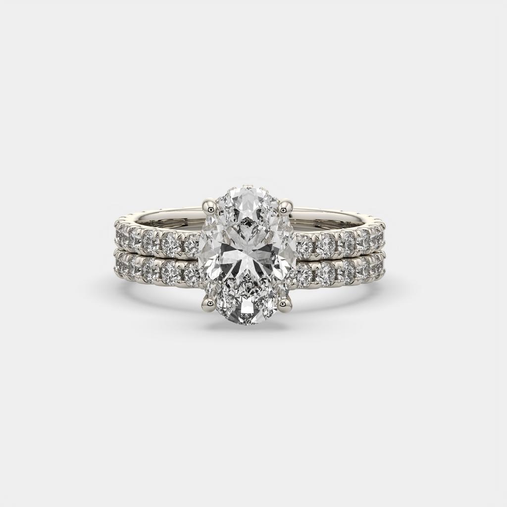 3.00 Ct D VS1 Oval Lab-Grown Diamond Engagement Ring with Matching Band, in white gold, front view