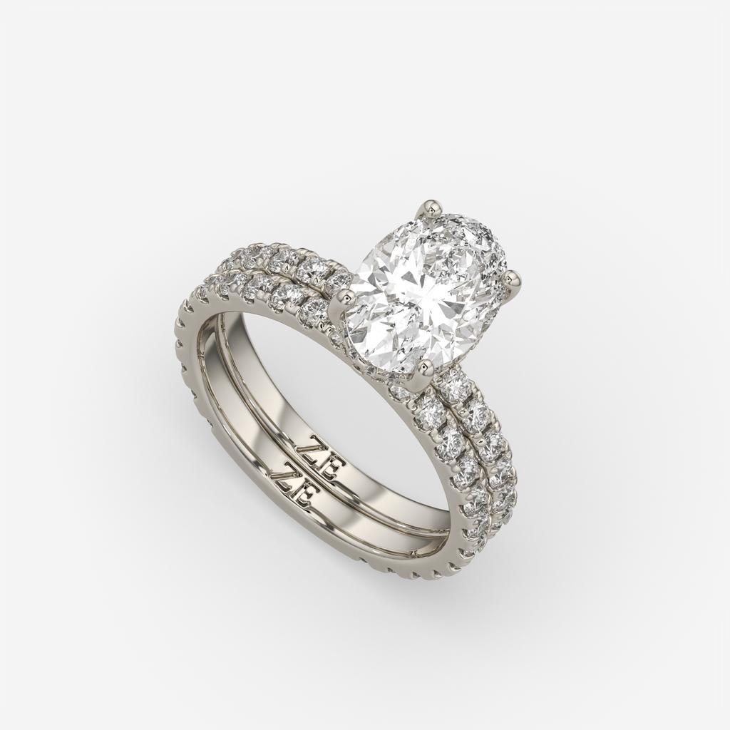 3.00 Ct D VS1 Oval Lab-Grown Diamond Engagement Ring with Matching Band, in white gold, front view