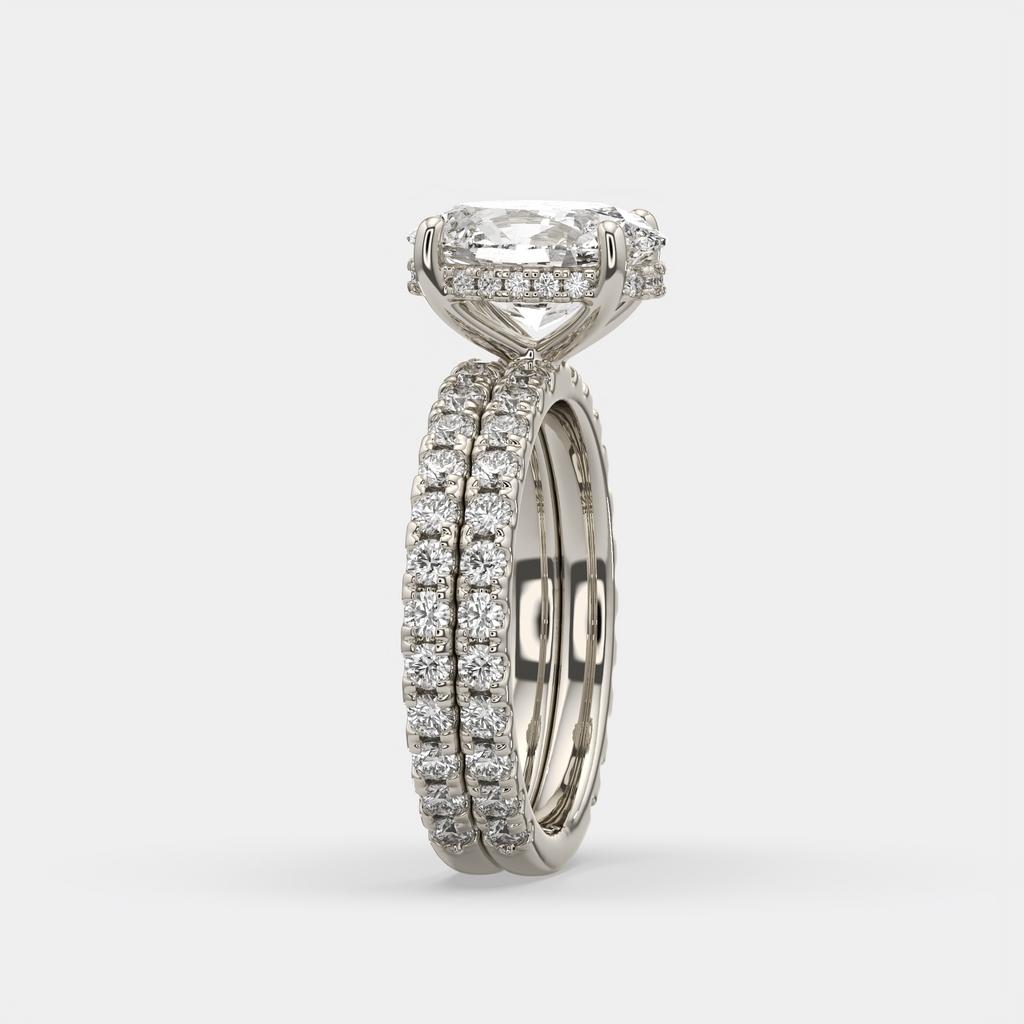 3.00 Ct D VS1 Oval Lab-Grown Diamond Engagement Ring with Matching Band, in white gold, side profile