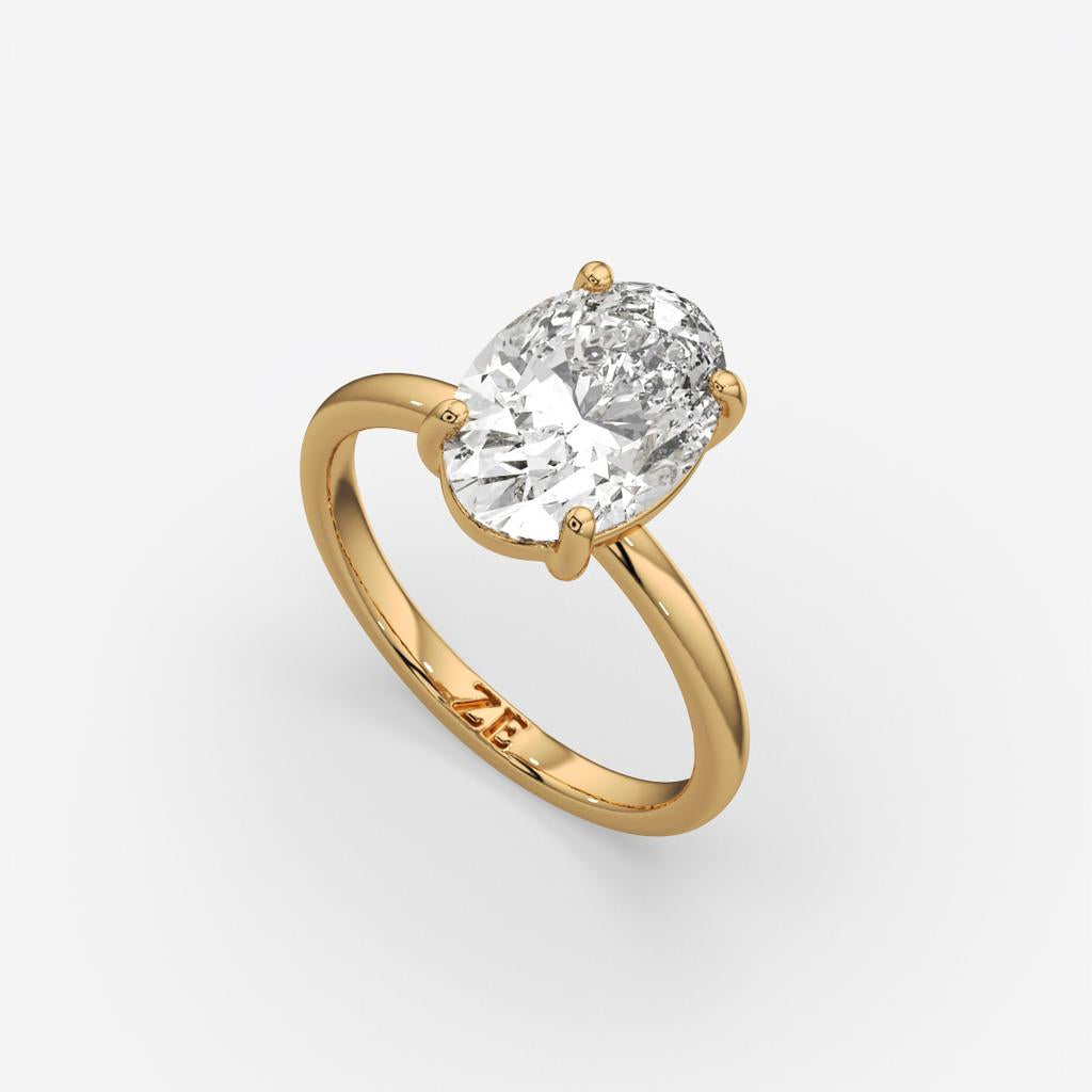 3.00 Ct D VS1 Oval Solitaire Lab Grown Diamond Ring, in yellow gold, front view