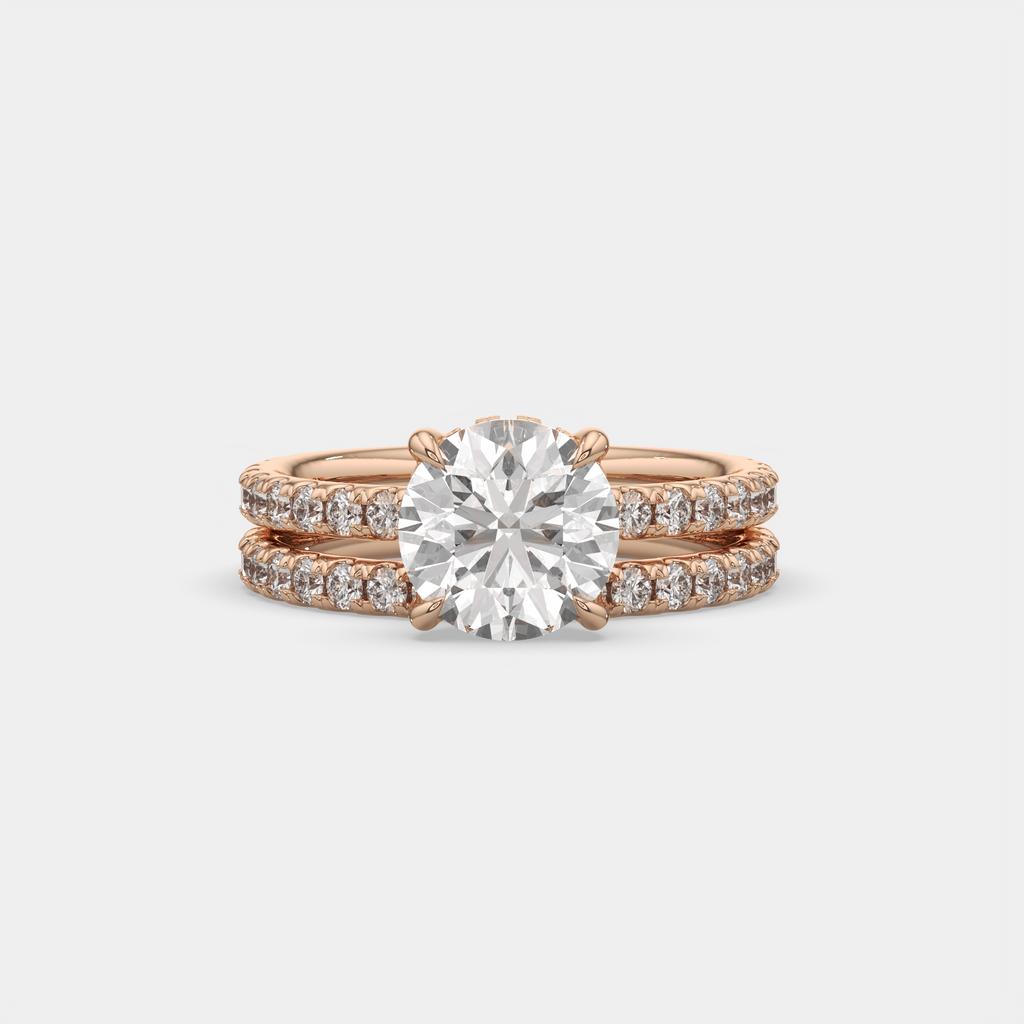 3.00 Ct D VS1 Round Diamond Halo Engagement Ring with Matching Band, in rose gold, front view