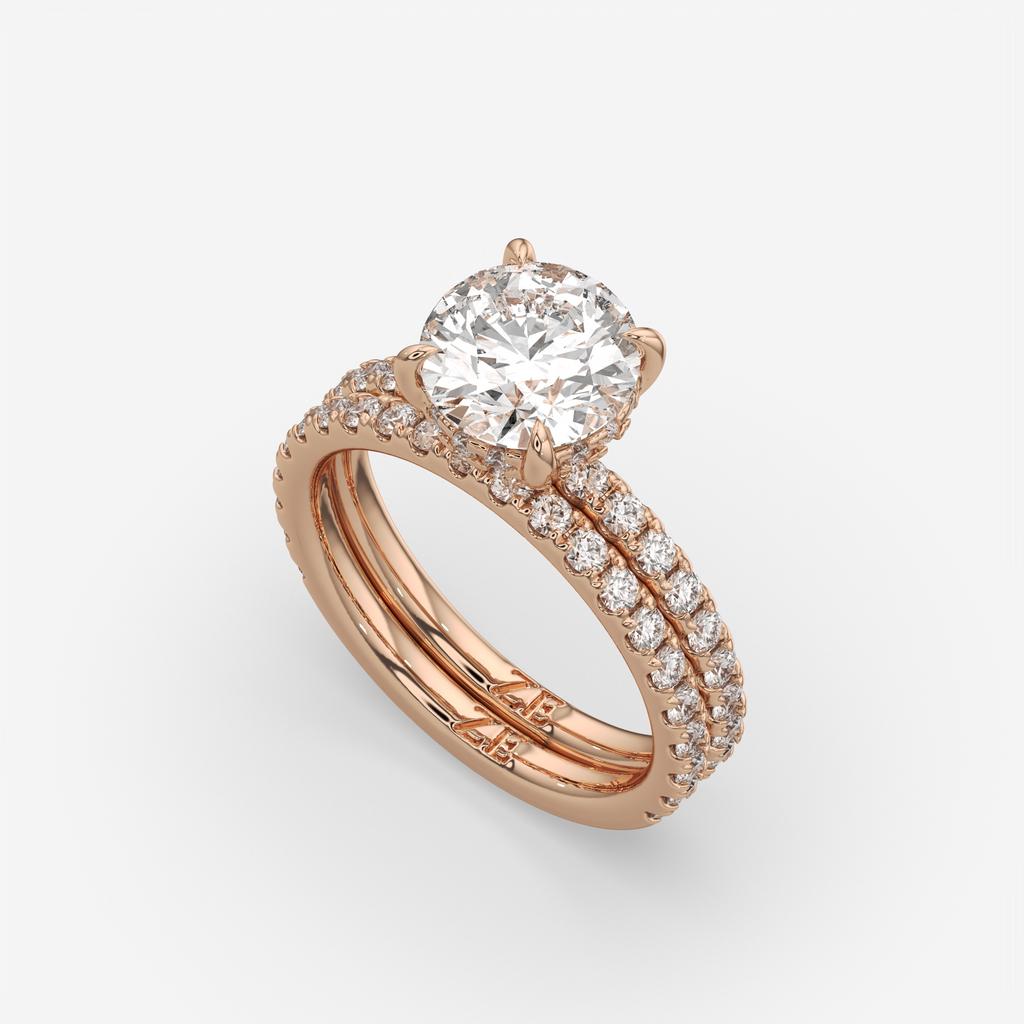 3.00 Ct D VS1 Round Diamond Halo Engagement Ring with Matching Band, in rose gold, side profile