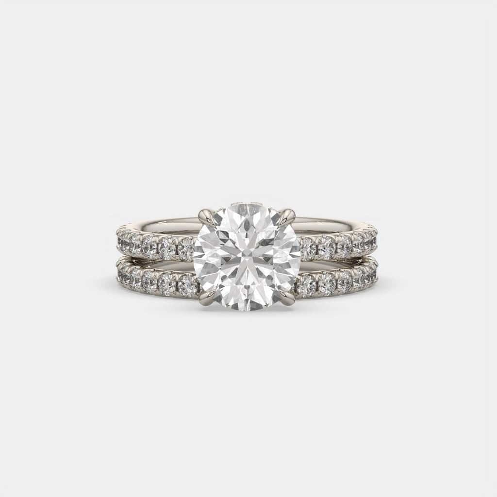 3.00 Ct D VS1 Round Diamond Halo Engagement Ring with Matching Band, in white gold, front view
