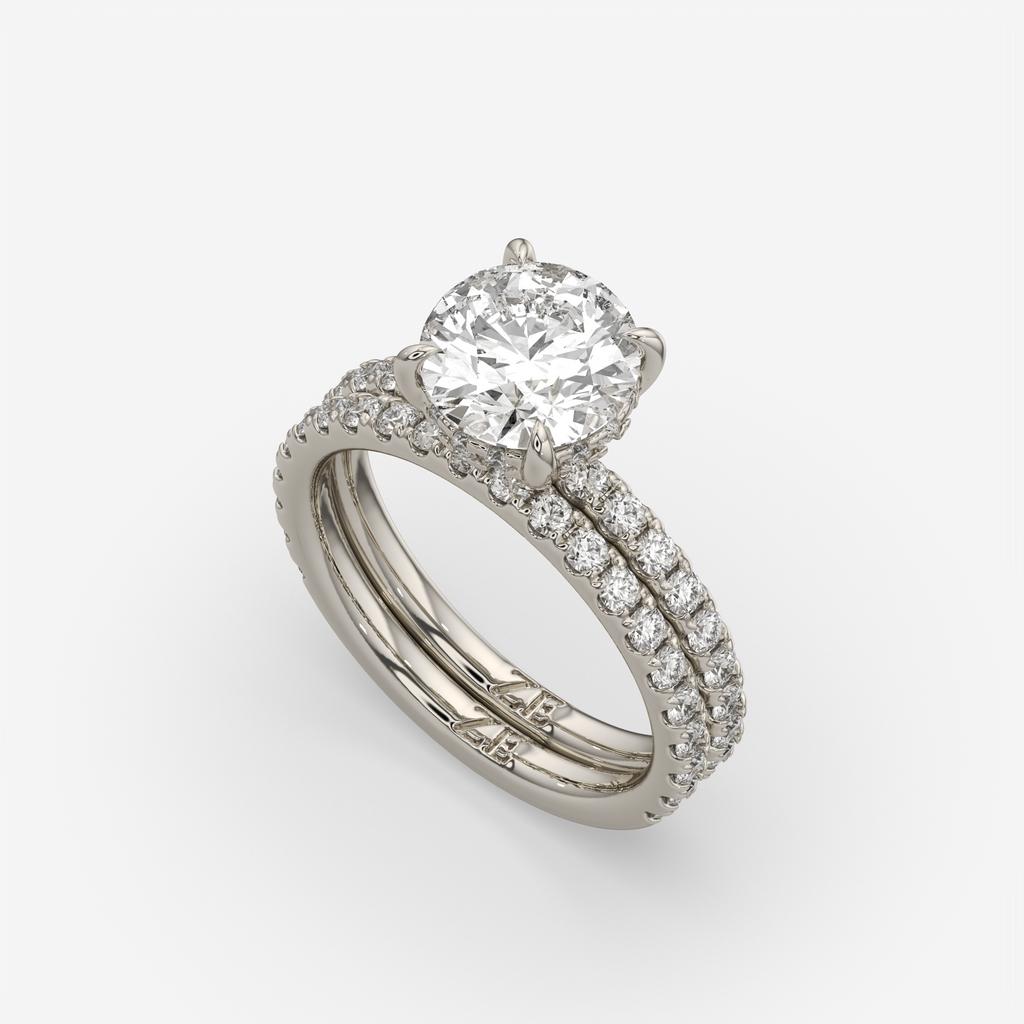 3.00 Ct D VS1 Round Diamond Halo Engagement Ring with Matching Band, in white gold, side profile