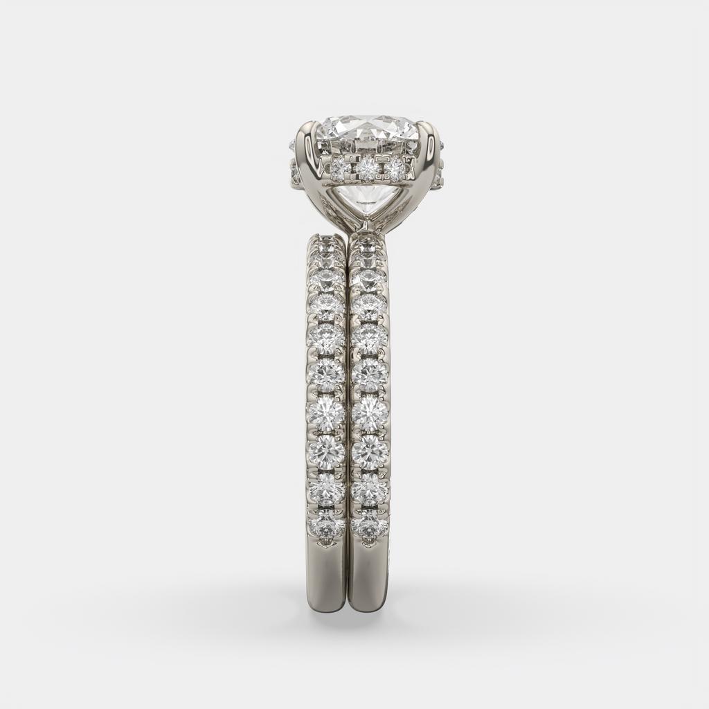 3.00 Ct D VS1 Round Diamond Halo Engagement Ring with Matching Band, in white gold, side profile