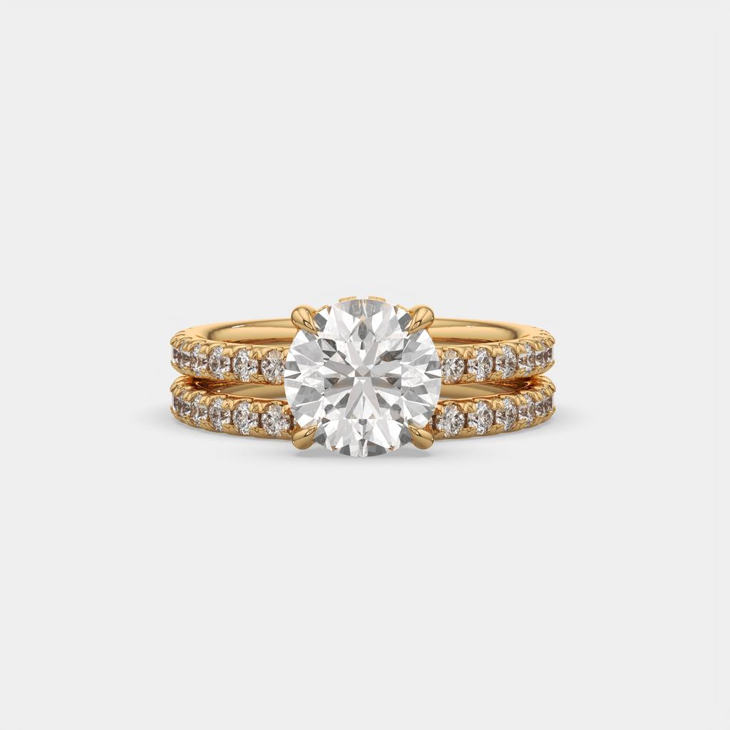 3.00 Ct D VS1 Round Diamond Halo Engagement Ring with Matching Band, in yellow gold, front view