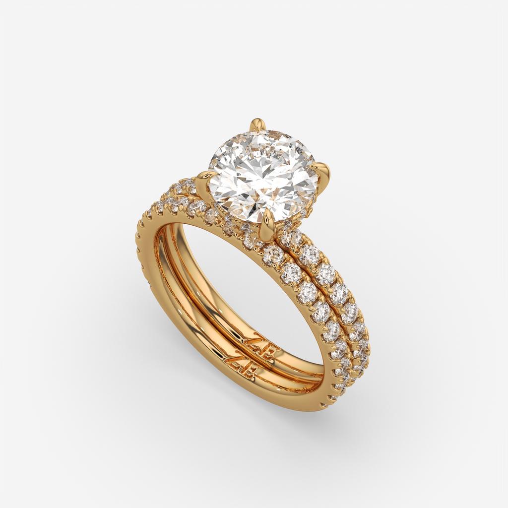 3.00 Ct D VS1 Round Diamond Halo Engagement Ring with Matching Band, in yellow gold, side profile