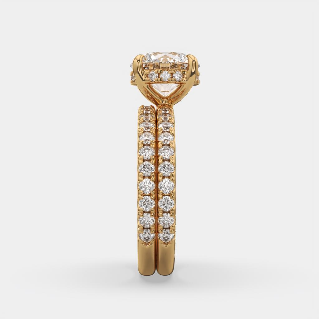 3.00 Ct D VS1 Round Diamond Halo Engagement Ring with Matching Band, in yellow gold, side profile