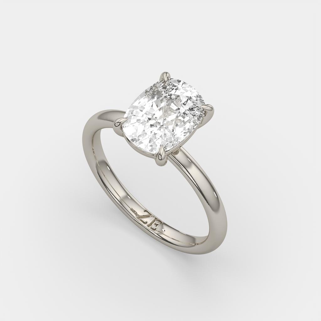 3.00 Ct E VS1 Elongated Cushion Solitaire Diamond Ring, in white gold, side profile