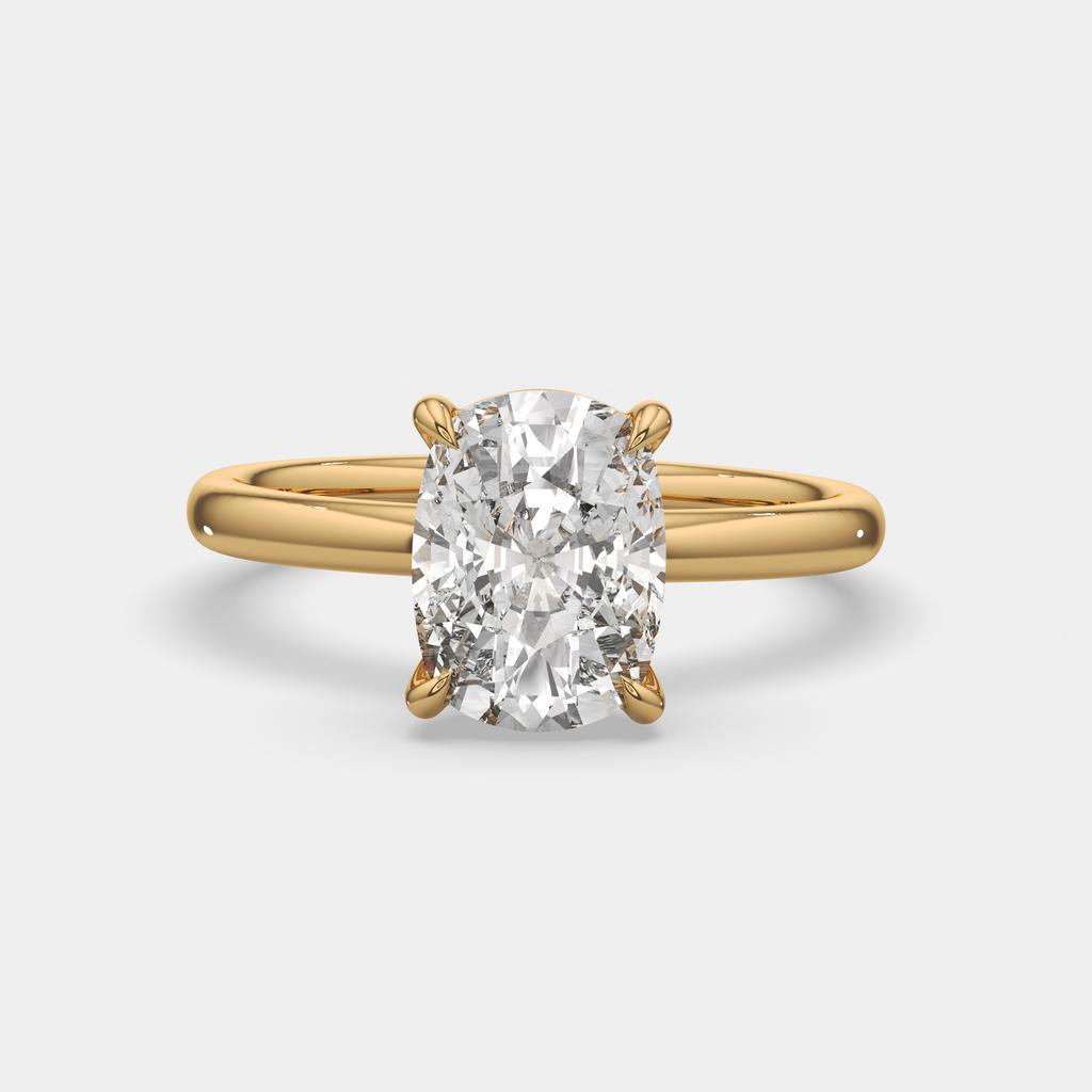 3.00 Ct E VS1 Elongated Cushion Solitaire Diamond Ring, in yellow gold, front view