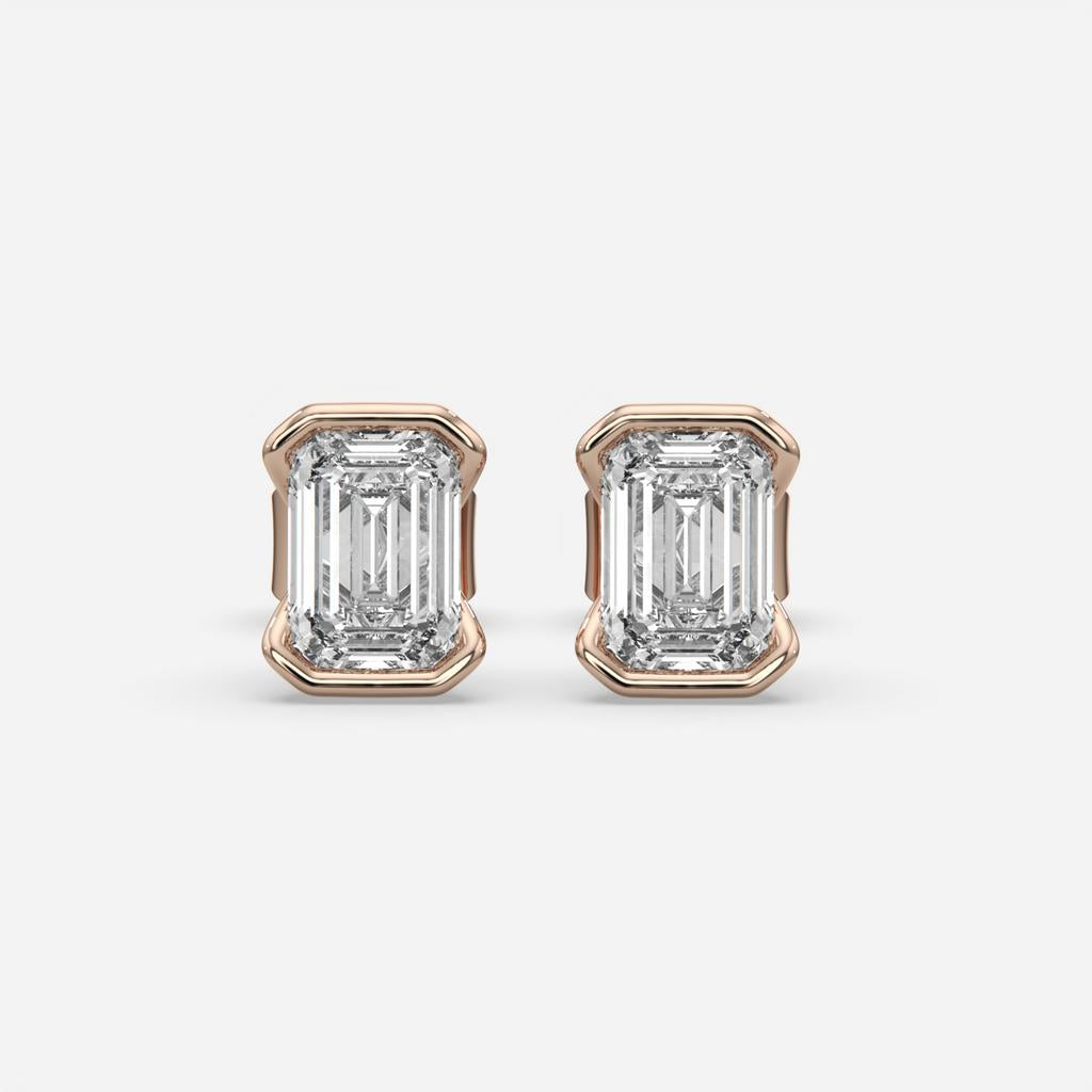 3.00 Ct E VS1 Emerald Cut Lab Grown Diamond Semi Bezel Studs, in rose gold, front view