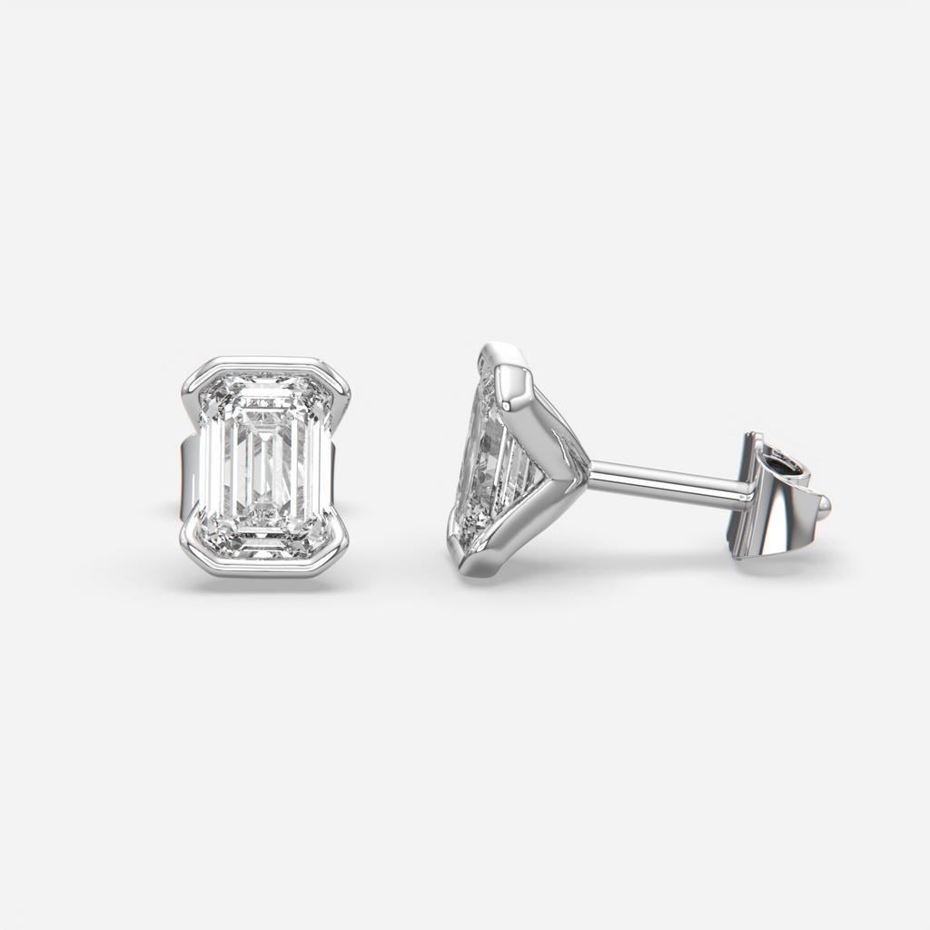 3.00 Ct E VS1 Emerald Cut Lab Grown Diamond Semi Bezel Studs, in white gold, front view