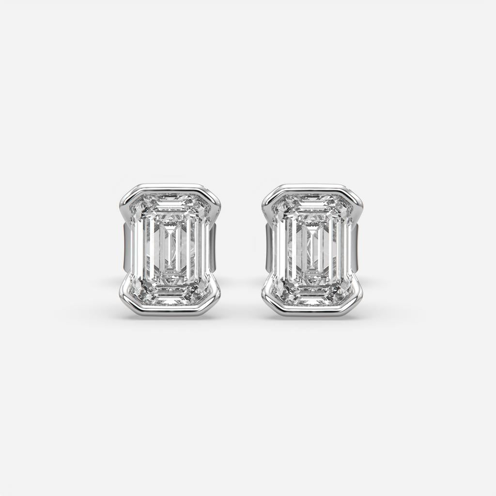 3.00 Ct E VS1 Emerald Cut Lab Grown Diamond Semi Bezel Studs, in white gold, front view