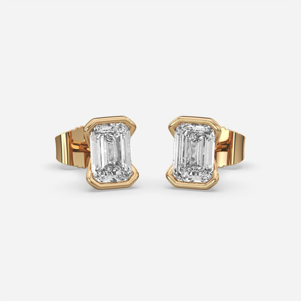 3.00 Ct E VS1 Emerald Cut Lab Grown Diamond Semi Bezel Studs, in yellow gold, front view