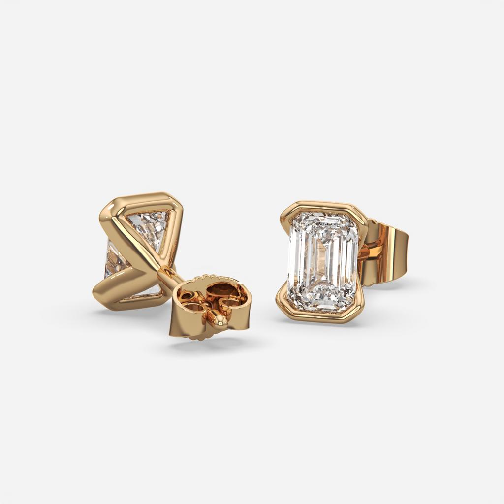 3.00 Ct E VS1 Emerald Cut Lab Grown Diamond Semi Bezel Studs, in yellow gold, front view