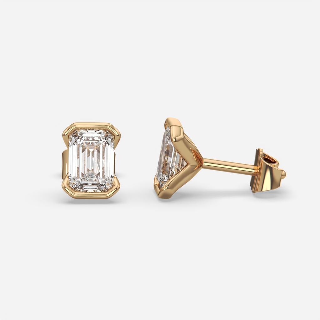 3.00 Ct E VS1 Emerald Cut Lab Grown Diamond Semi Bezel Studs, in yellow gold, front view