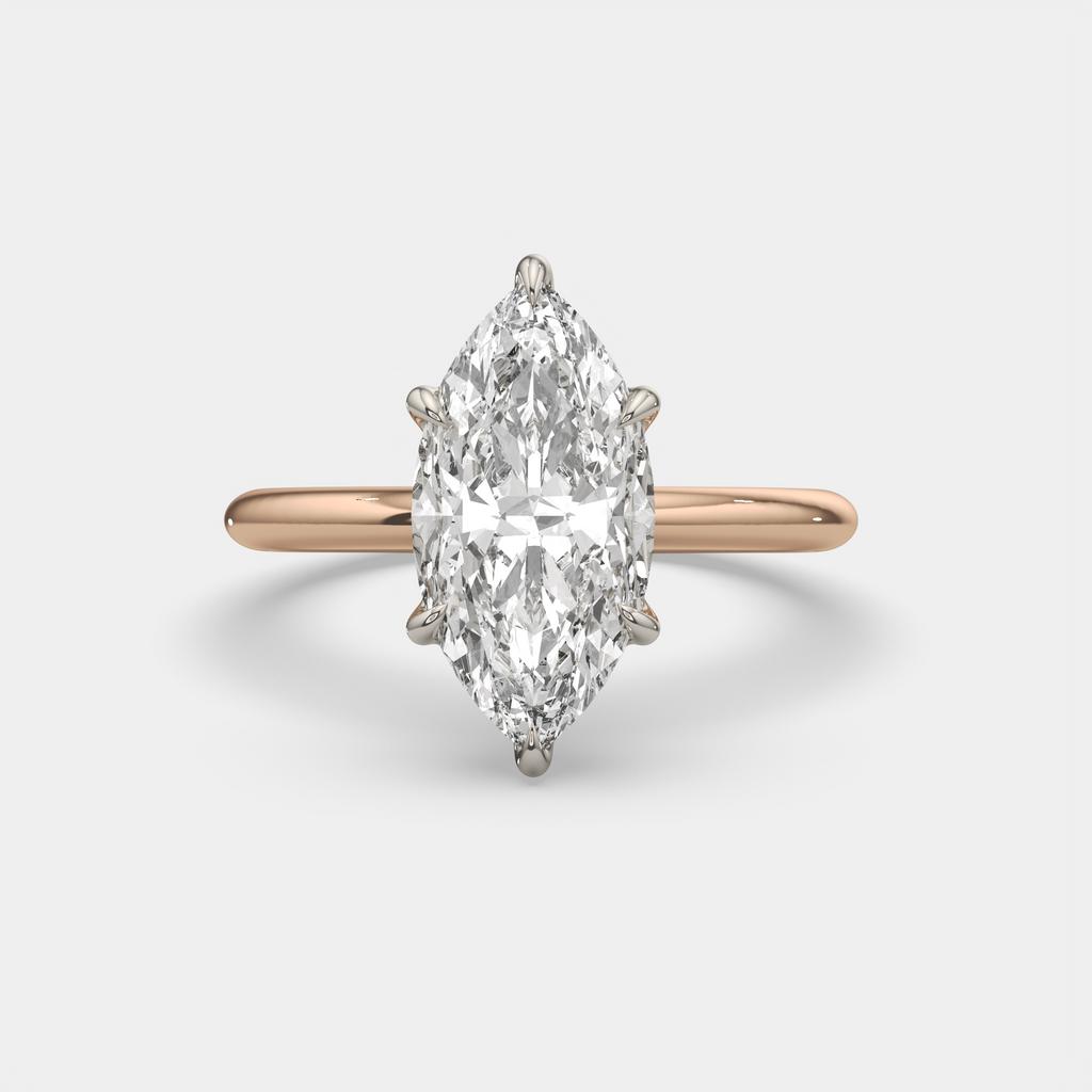 3.00 Ct E VS1 Marquise Lab Grown Diamond Solitaire Ring, in rose gold, top view