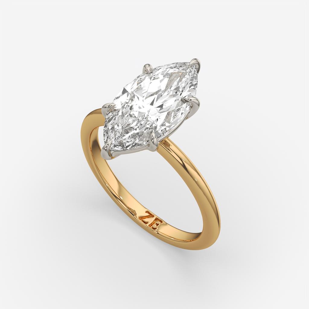3.00 Ct E VS1 Marquise Lab Grown Diamond Solitaire Ring, in yellow gold, front view