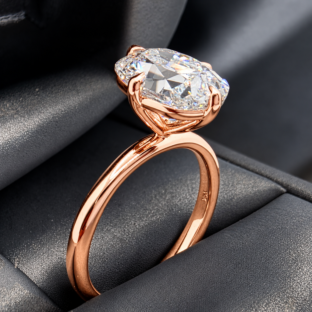 3.00 Ct E VS1 Old Mine Cushion Lab-Grown Diamond Solitaire Ring, in rose gold, side profile