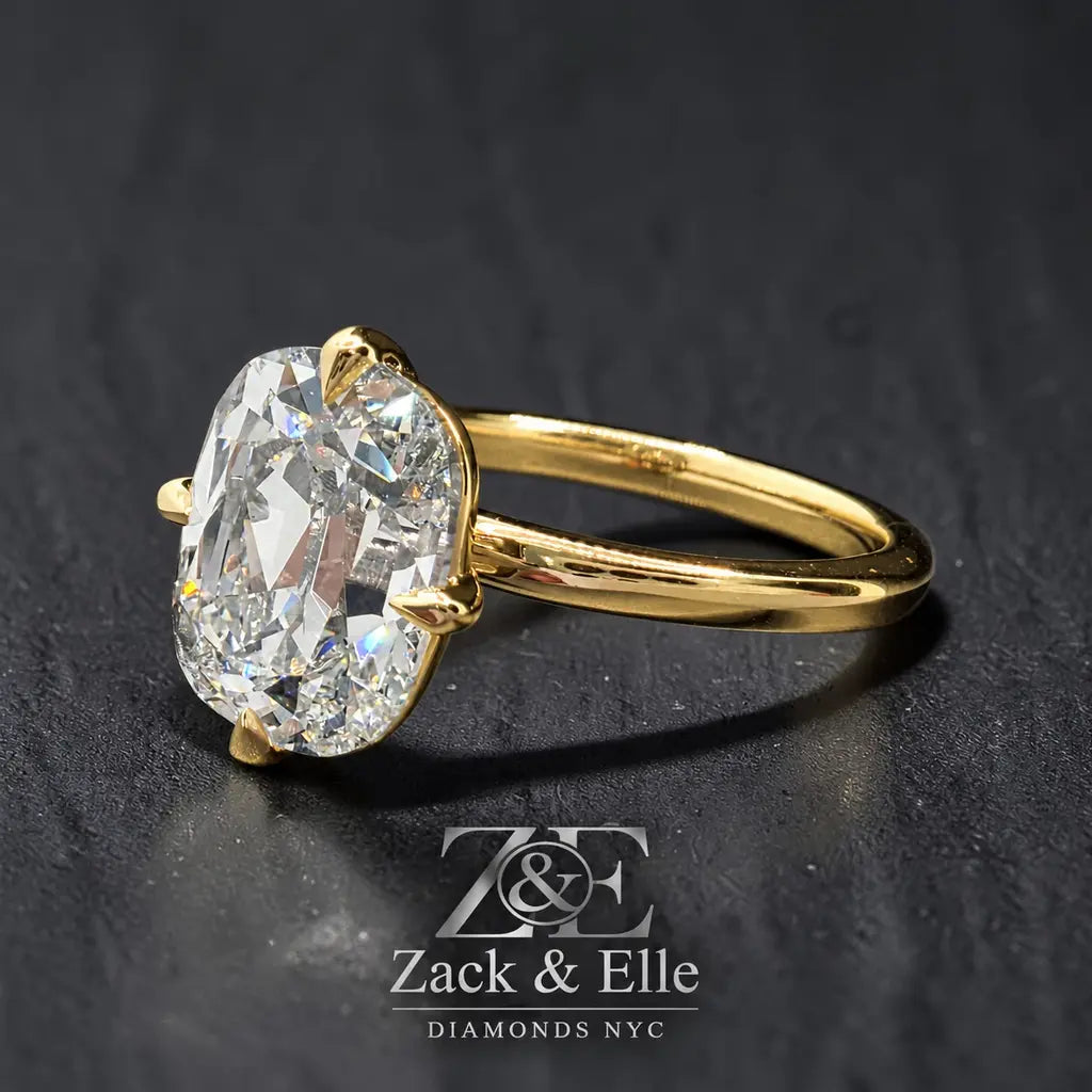3.00 Ct E VS1 Old Mine Cushion Lab-Grown Diamond Solitaire Ring, in yellow gold, front view