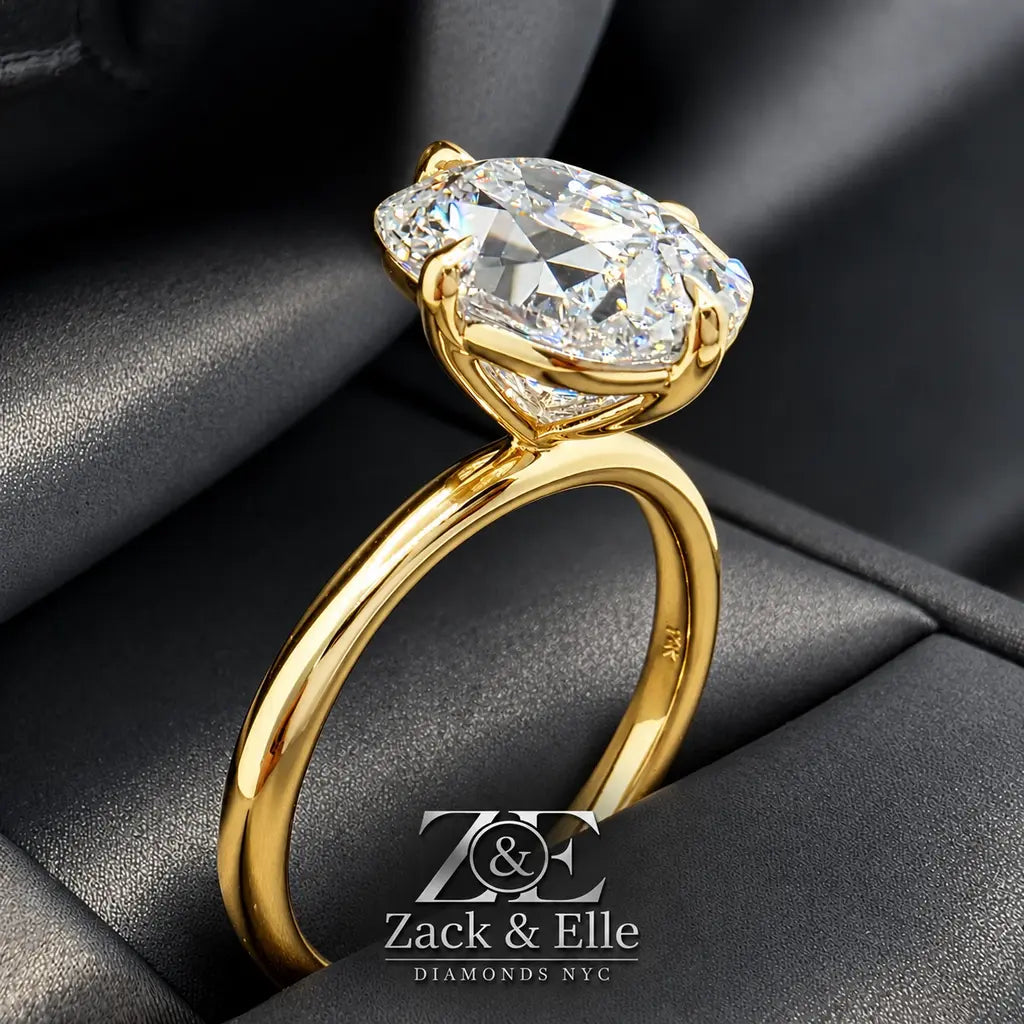 3.00 Ct E VS1 Old Mine Cushion Lab-Grown Diamond Solitaire Ring, in yellow gold, front view