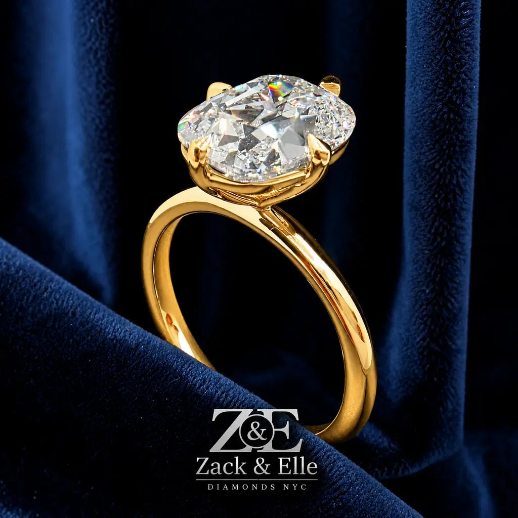 3.00 Ct E VS1 Old Mine Cushion Lab-Grown Diamond Solitaire Ring, in yellow gold, front view