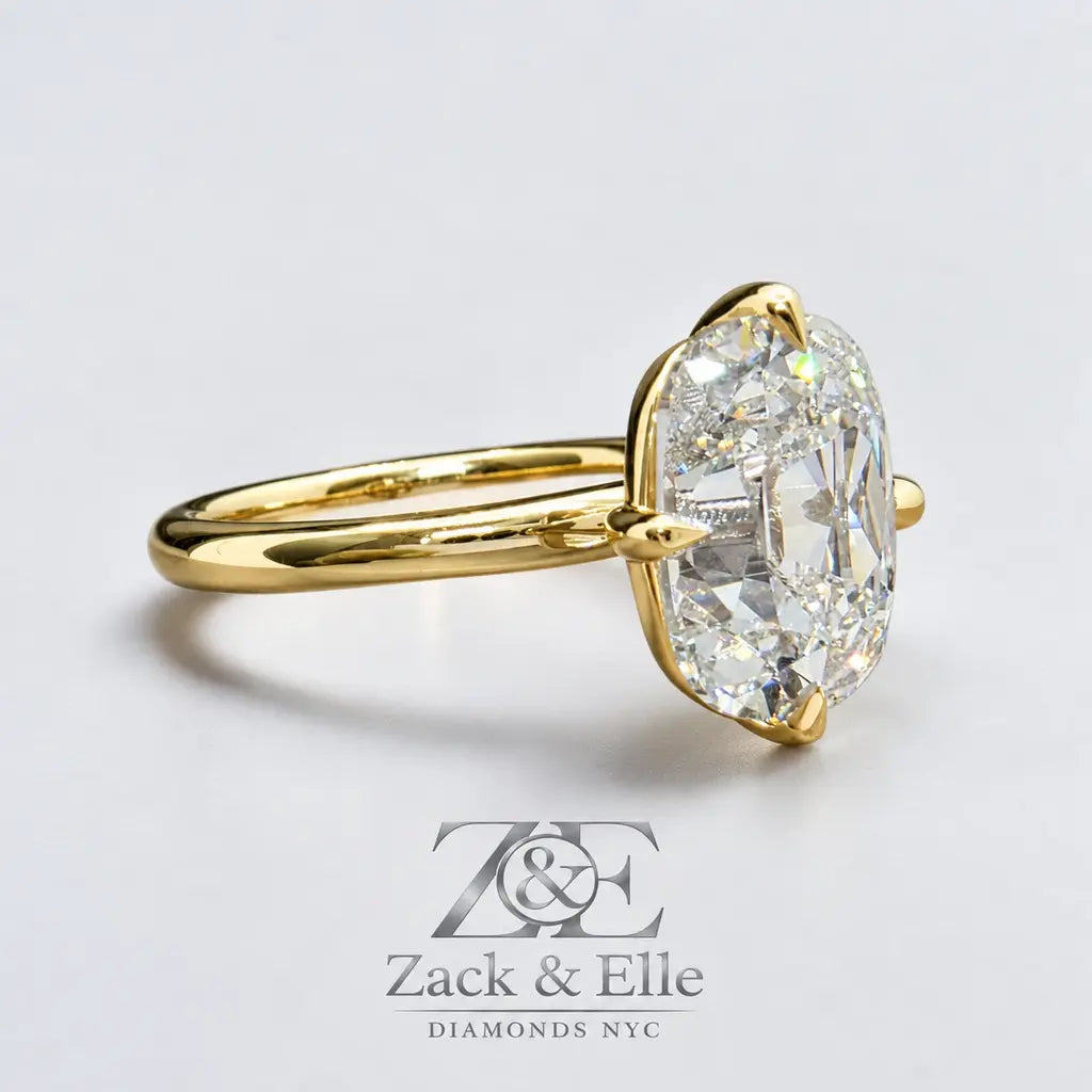 3.00 Ct E VS1 Old Mine Cushion Lab-Grown Diamond Solitaire Ring, in yellow gold, side profile