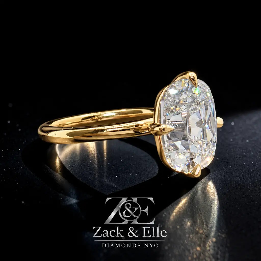3.00 Ct E VS1 Old Mine Cushion Lab-Grown Diamond Solitaire Ring, in yellow gold, side profile