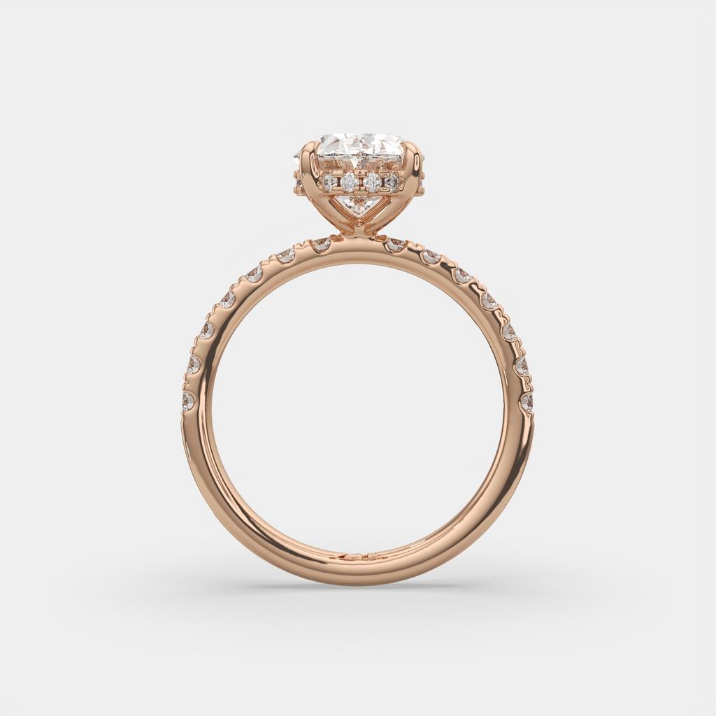 3.00 Ct E VS1 Oval Halo Lab Grown Diamond Ring, in rose gold, front view