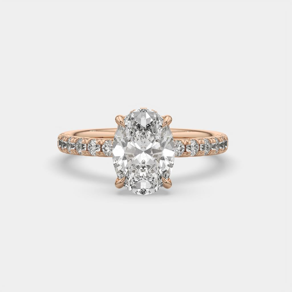 3.00 Ct E VS1 Oval Halo Lab Grown Diamond Ring, in rose gold, front view