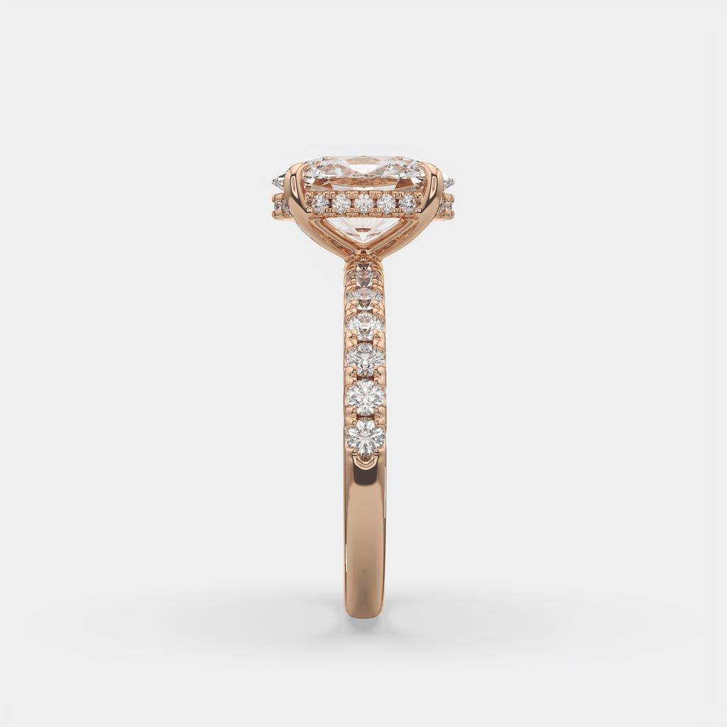 3.00 Ct E VS1 Oval Halo Lab Grown Diamond Ring, in rose gold, side profile