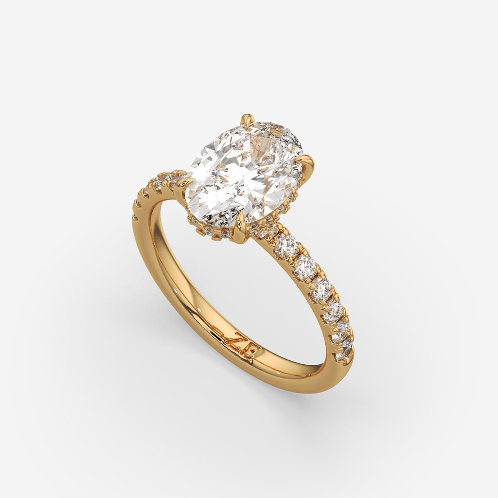 3.00 Ct E VS1 Oval Halo Lab Grown Diamond Ring, in yellow gold, front view