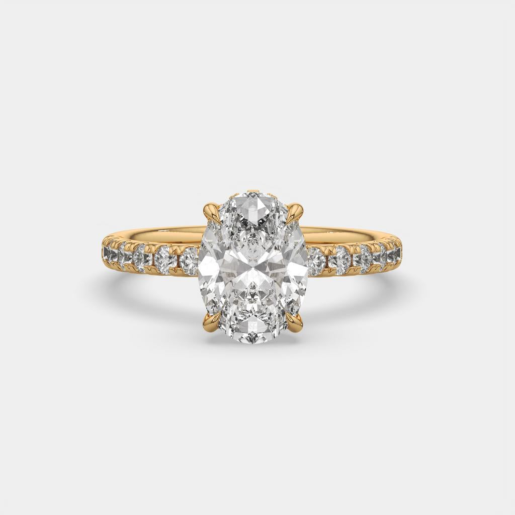 3.00 Ct E VS1 Oval Halo Lab Grown Diamond Ring, in yellow gold, front view