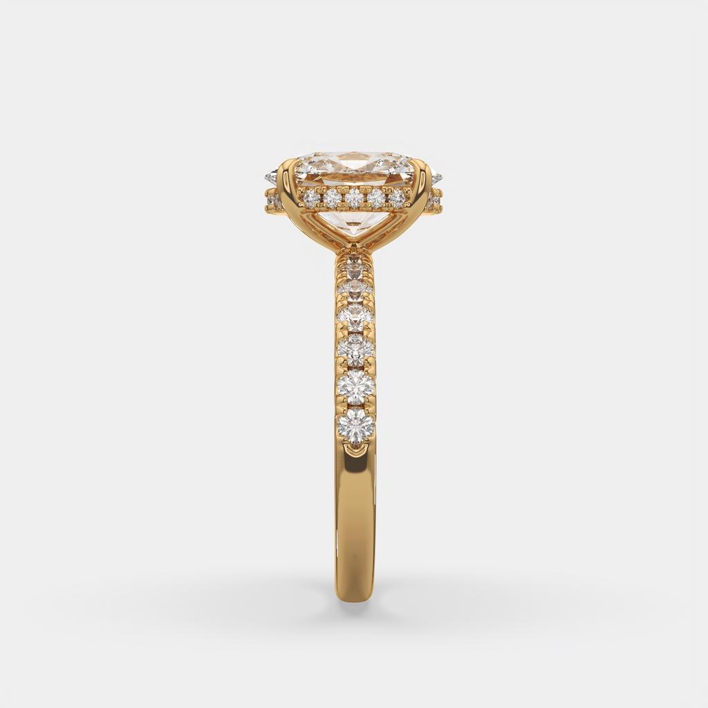 3.00 Ct E VS1 Oval Halo Lab Grown Diamond Ring, in yellow gold, side profile