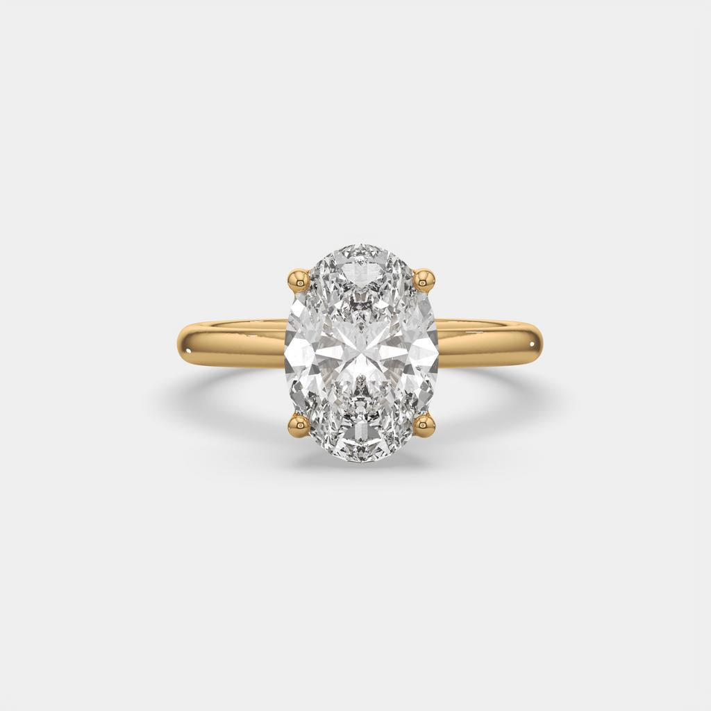 3.00 Ct E VS1 Oval Lab Grown Diamond Solitaire Ring, in yellow gold, front view