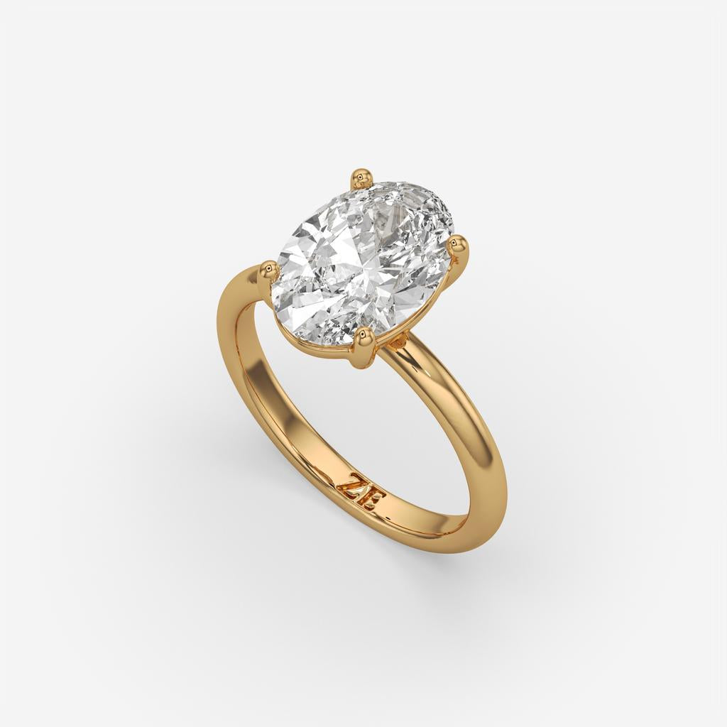 3.00 Ct E VS1 Oval Lab Grown Diamond Solitaire Ring, in yellow gold, front view