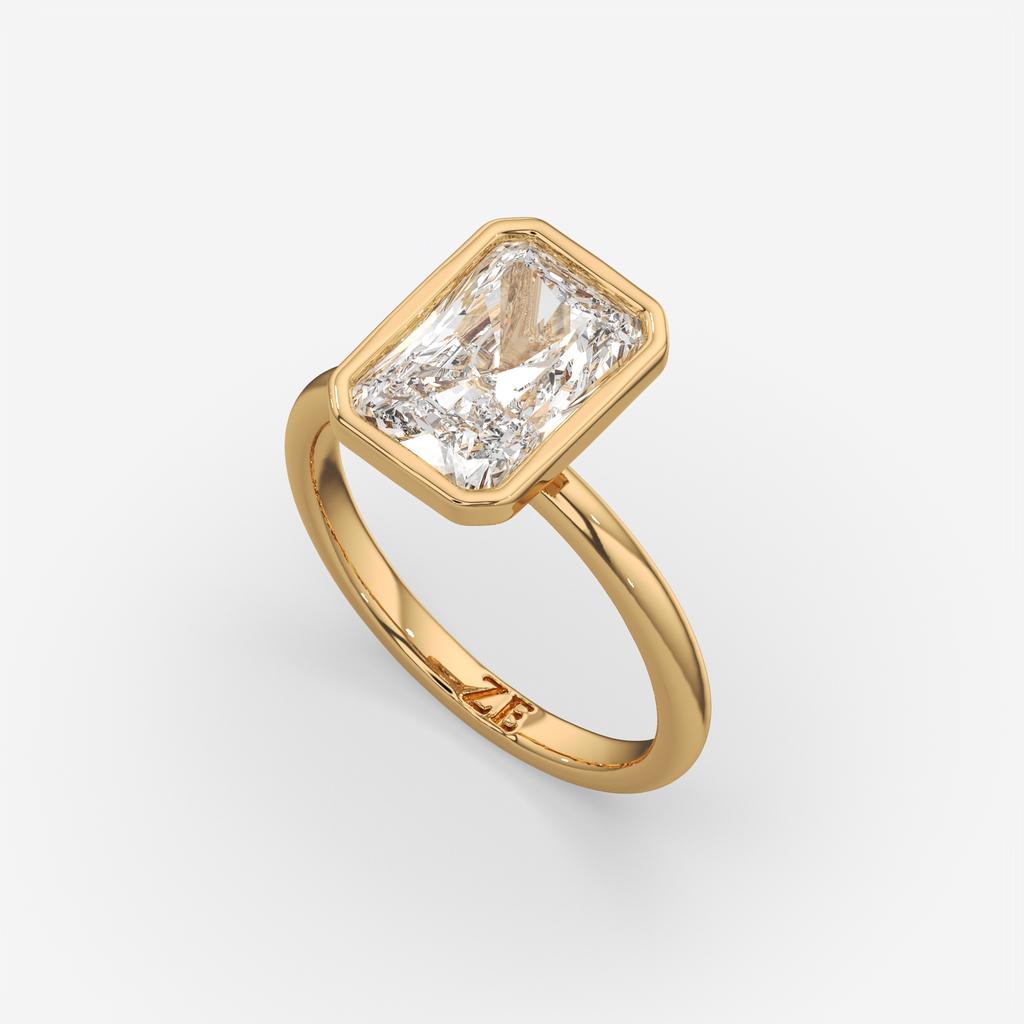 3.00 Ct E VS1 Radiant Cut Solitaire Diamond Ring, in yellow gold, front view