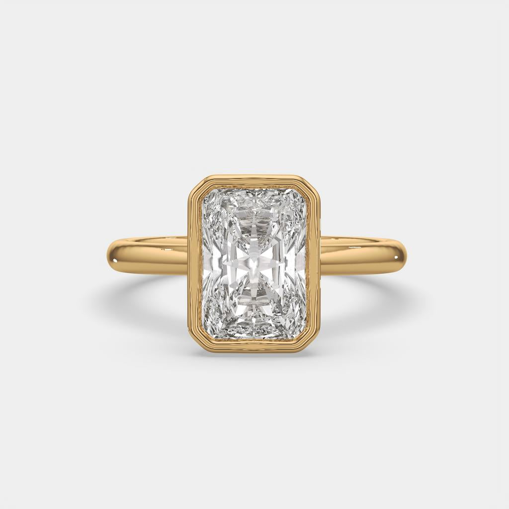 3.00 Ct E VS1 Radiant Cut Solitaire Diamond Ring, in yellow gold, front view