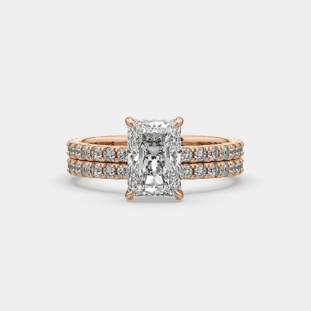 3.00 Ct E VS1 Radiant Diamond Halo Engagement Ring with Matching Band, in rose gold, front view