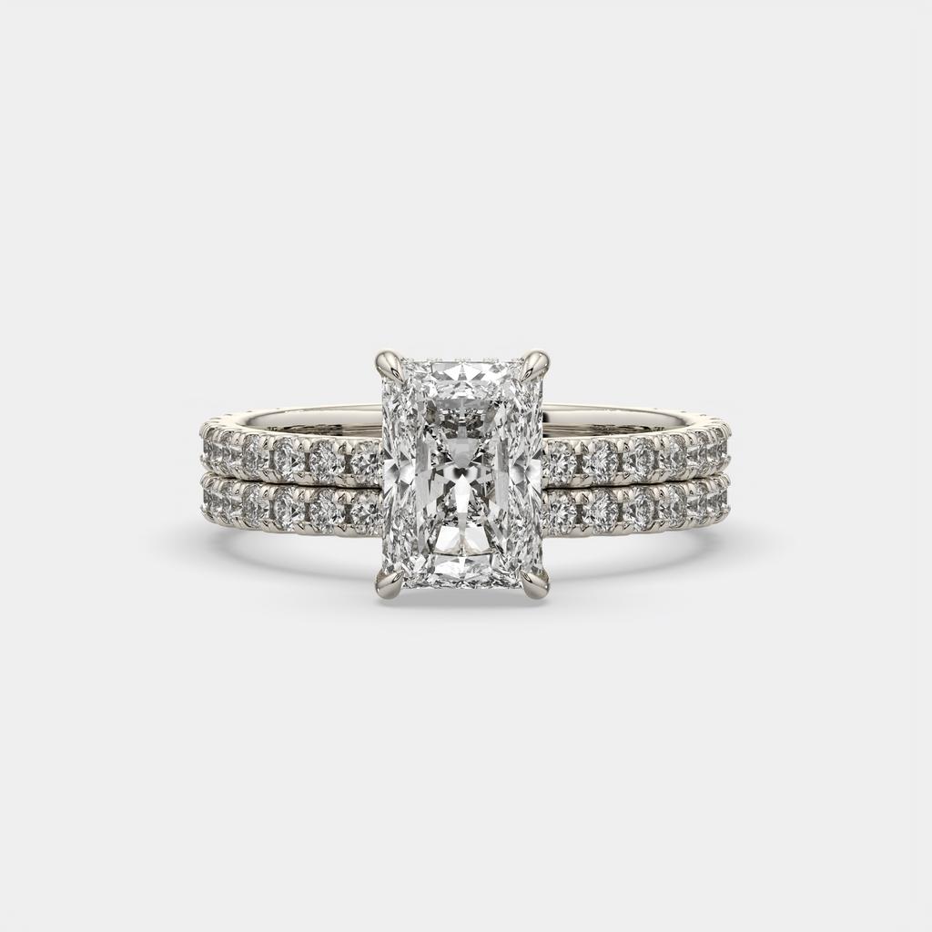 3.00 Ct E VS1 Radiant Diamond Halo Engagement Ring with Matching Band, in white gold, front view