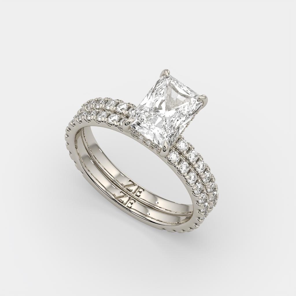 3.00 Ct E VS1 Radiant Diamond Halo Engagement Ring with Matching Band, in white gold, front view