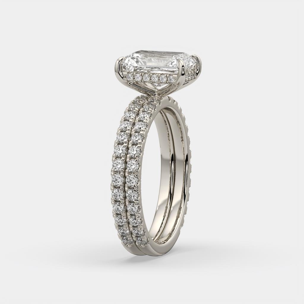 3.00 Ct E VS1 Radiant Diamond Halo Engagement Ring with Matching Band, in white gold, side profile