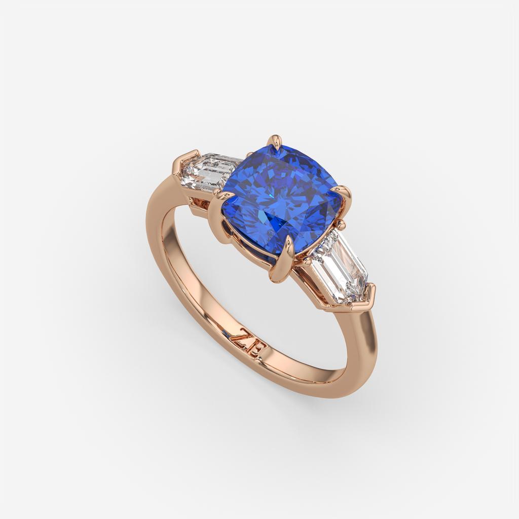 3.10 Ct Cushion Blue Sapphire and Diamond Ring, in rose gold, front view