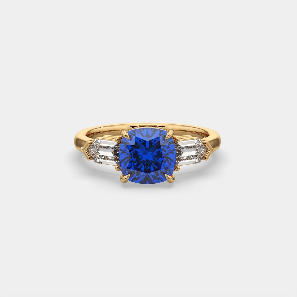 3.10 Ct Cushion Blue Sapphire and Diamond Ring, in yellow gold, front view