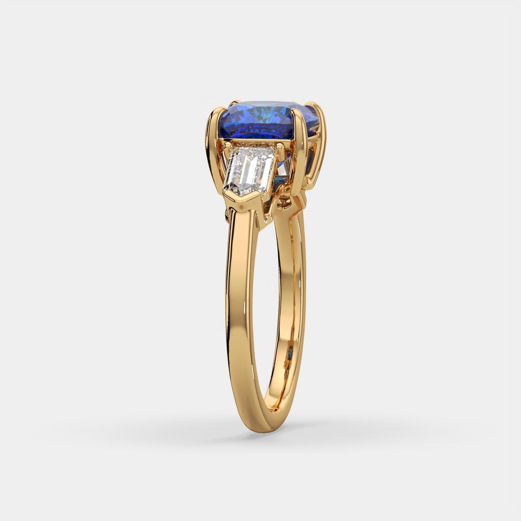3.10 Ct Cushion Blue Sapphire and Diamond Ring, in yellow gold, side profile