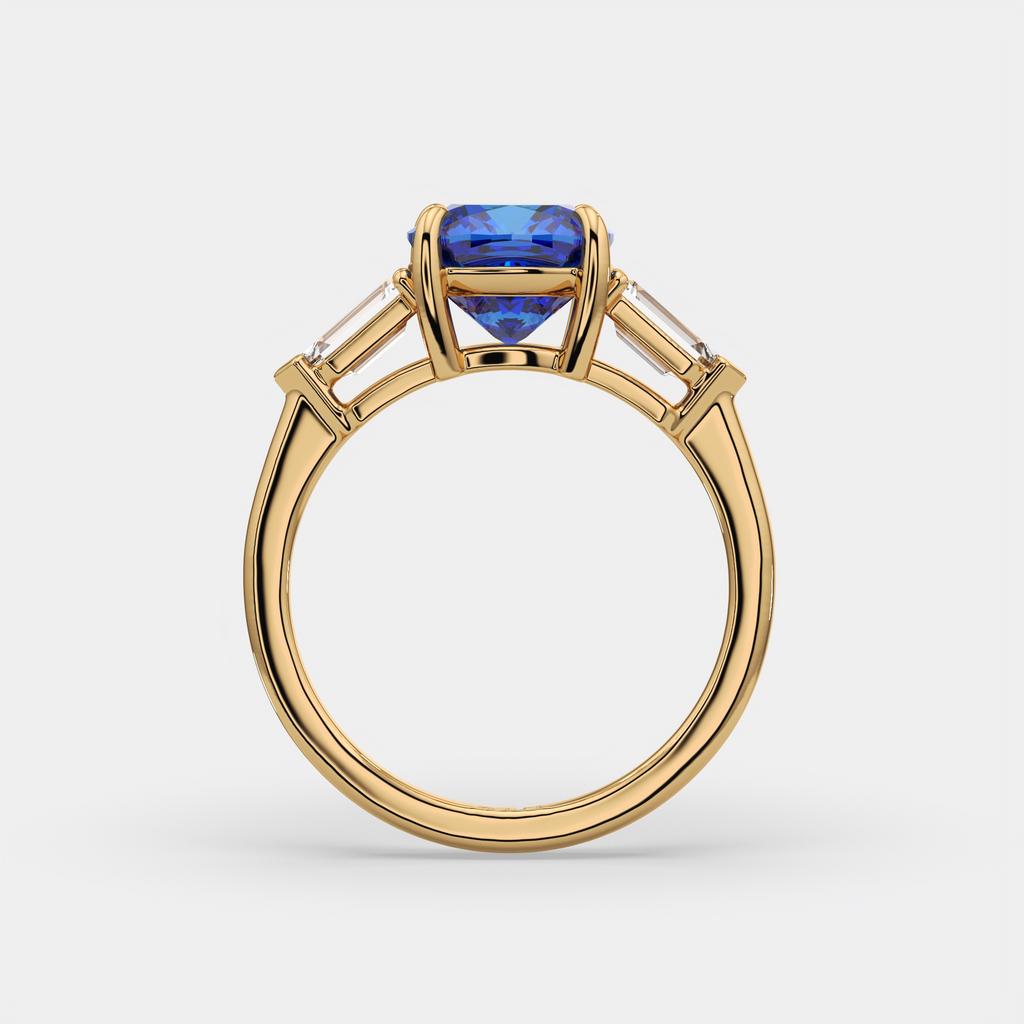 3.10 Ct Cushion Blue Sapphire and Diamond Ring, in yellow gold, side profile