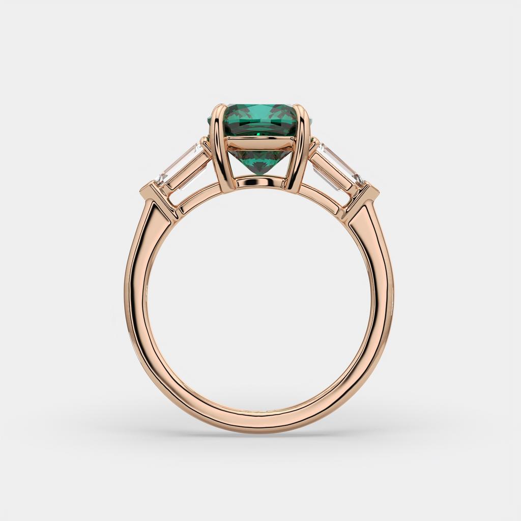 3.10 Ct Cushion Cut Green Emerald and Diamond Ring, in rose gold, side profile